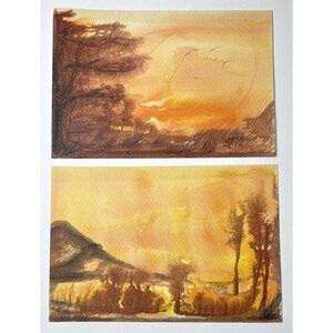 VTG 1978 Pair 9"x6” Orange Landscape WATERCOLOR Original Fine Art Signed G. REY